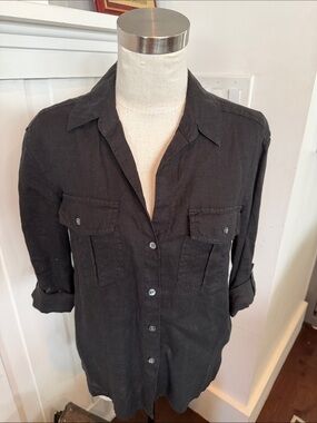 James Perse Black Linen Button-Down Shirt with Chest Pockets